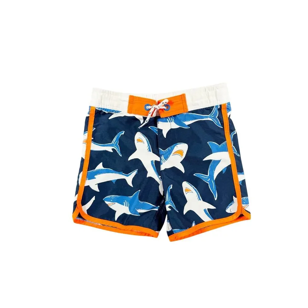Mini Boden Shark Rash Guard Swim Trunks Set Orange Blue Size 6-7 year boys